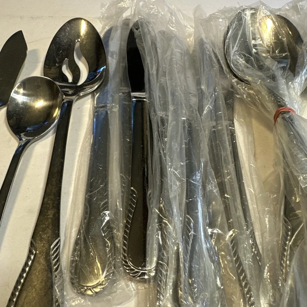41 Pc Assorted Lot Of Stainless China With Rope Edge Design Most Are In Bags